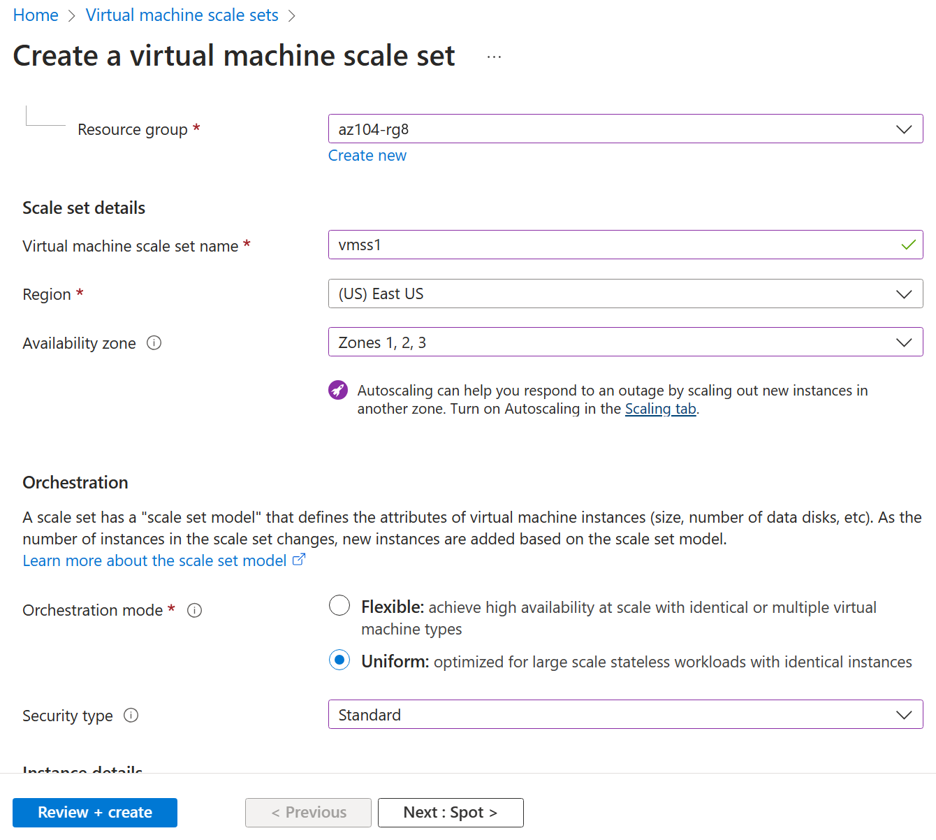 Screenshot of the create vmss page. 